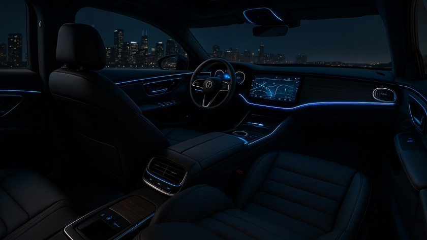 Futuristic luxury vehicle interior with smart dashboard, touchscreen display, and ambient lighting.