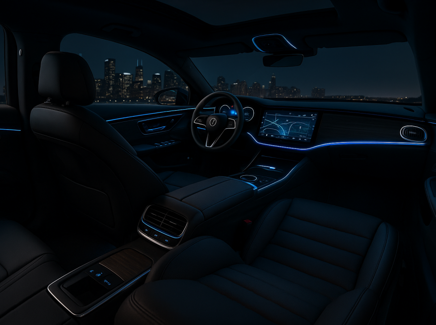 Futuristic luxury vehicle interior with smart dashboard, touchscreen display, and ambient lighting.