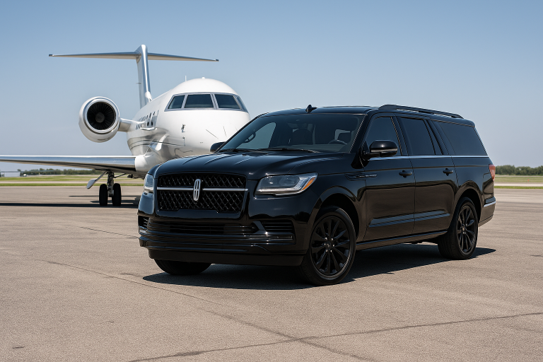 Luxury black 2025 Lincoln Navigator parked on airport tarmac beside a private jet for premium airport transfer in Chicago
