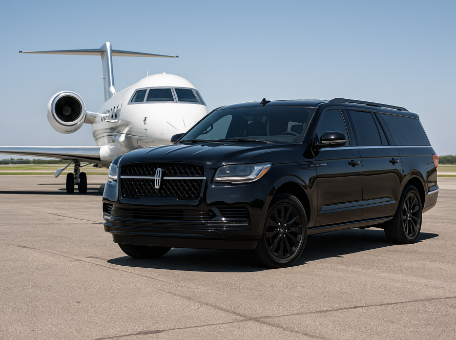 Luxury black 2025 Lincoln Navigator parked on airport tarmac beside a private jet for premium airport transfer in Chicago