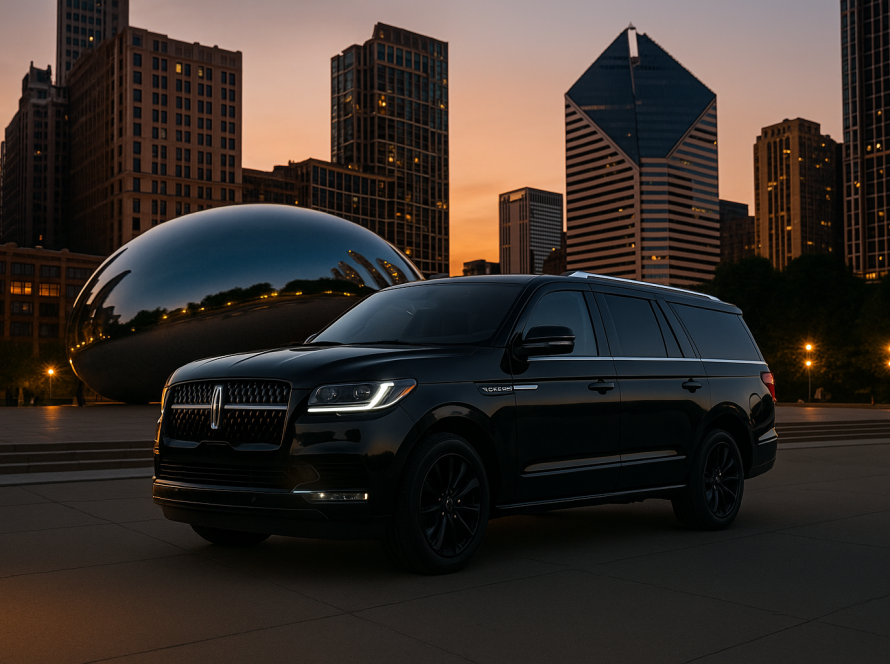 Black Lincoln Navigator SUV parked in front of Chicago’s skyline during daytime for sightseeing tour