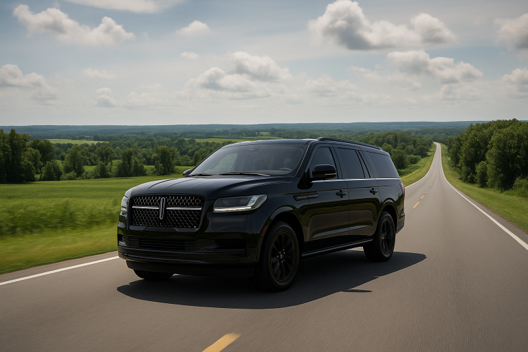 Black luxury SUV on a highway near Chicago skyline, ideal for long distance and city-to-city rides