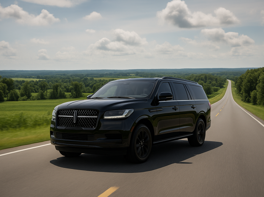 Black luxury SUV on a highway near Chicago skyline, ideal for long distance and city-to-city rides