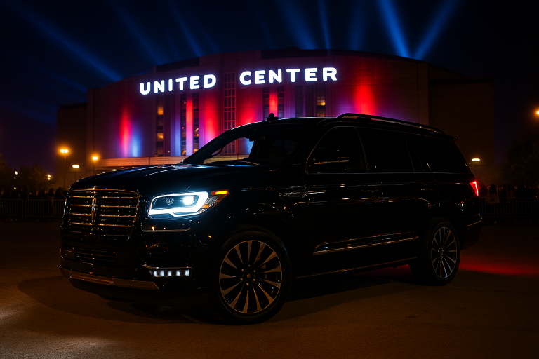 Luxury concert chauffeur in Chicago with black SUV parked at United Center with lights and crowd in background