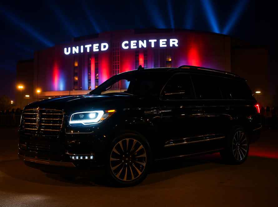 Luxury concert chauffeur in Chicago with black SUV parked at United Center with lights and crowd in background