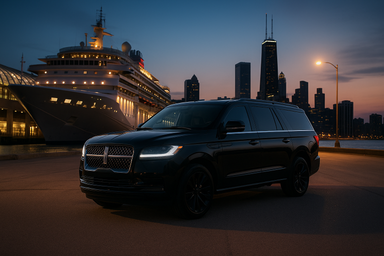 Black Lincoln Navigator SUV waiting at Chicago cruise terminal during sunset, ready for luxury transfer service