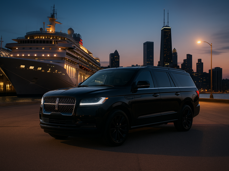 Black Lincoln Navigator SUV waiting at Chicago cruise terminal during sunset, ready for luxury transfer service