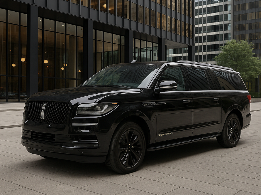 Black Lincoln Navigator parked in front of a corporate office in Chicago for executive chauffeur service.