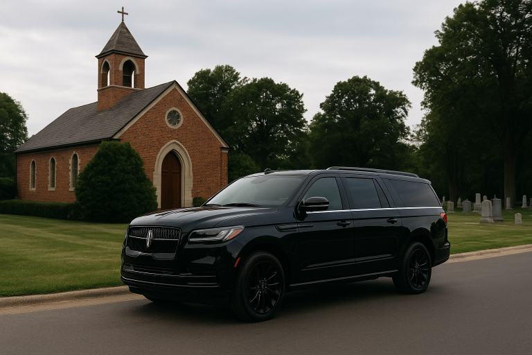 A luxury black Lincoln Navigator SUV parked near a Chicago funeral home, symbolizing dignified funeral transportation service.