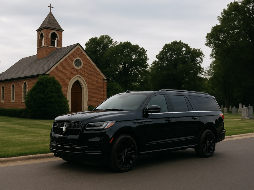 A luxury black Lincoln Navigator SUV parked near a Chicago funeral home, symbolizing dignified funeral transportation service.