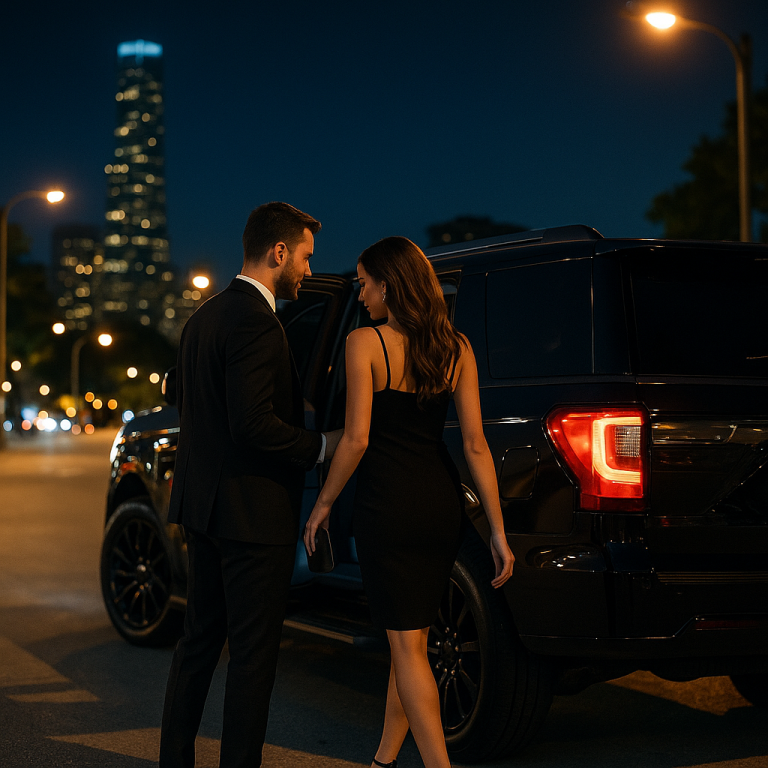 Couple entering a black luxury SUV at night in downtown Chicago for a private chauffeur ride