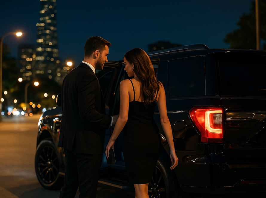 Couple entering a black luxury SUV at night in downtown Chicago for a private chauffeur ride