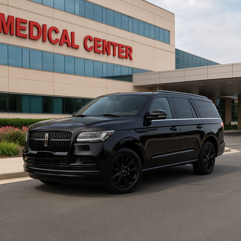 Black Lincoln Navigator SUV parked outside a medical center in Chicago for non-emergency medical transportation service