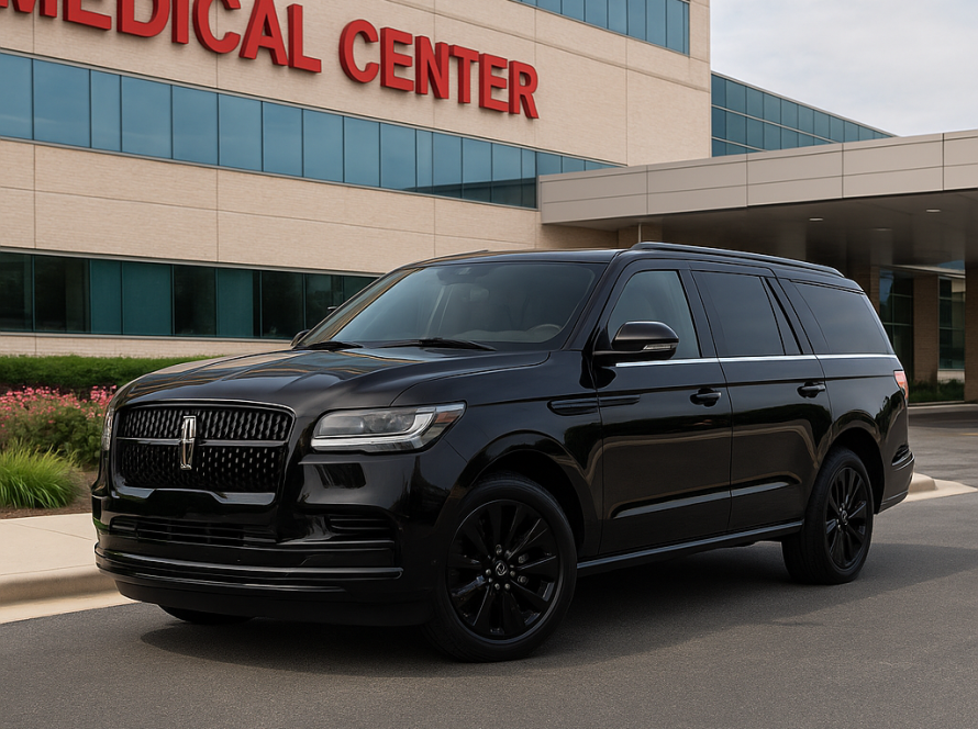 Black Lincoln Navigator SUV parked outside a medical center in Chicago for non-emergency medical transportation service