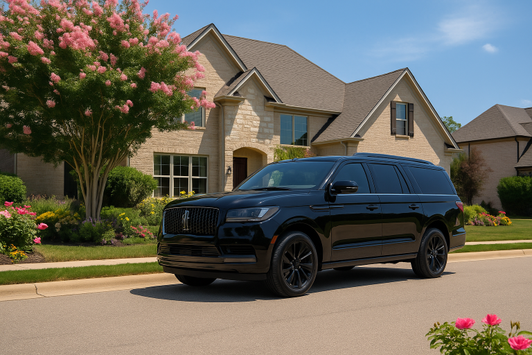 Black 2025 Lincoln Navigator providing premium limo service in a Chicago suburb with flowers in the foreground