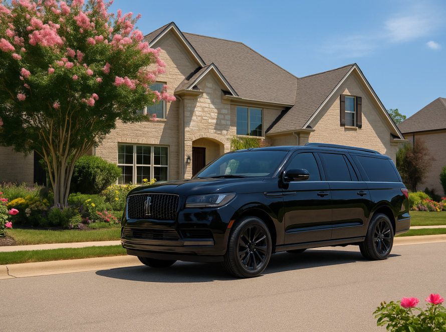Black 2025 Lincoln Navigator providing premium limo service in a Chicago suburb with flowers in the foreground