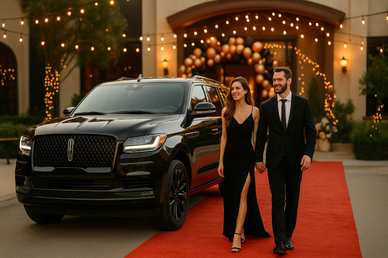 Black Lincoln Navigator parked elegantly at a Chicago rooftop event during golden hour