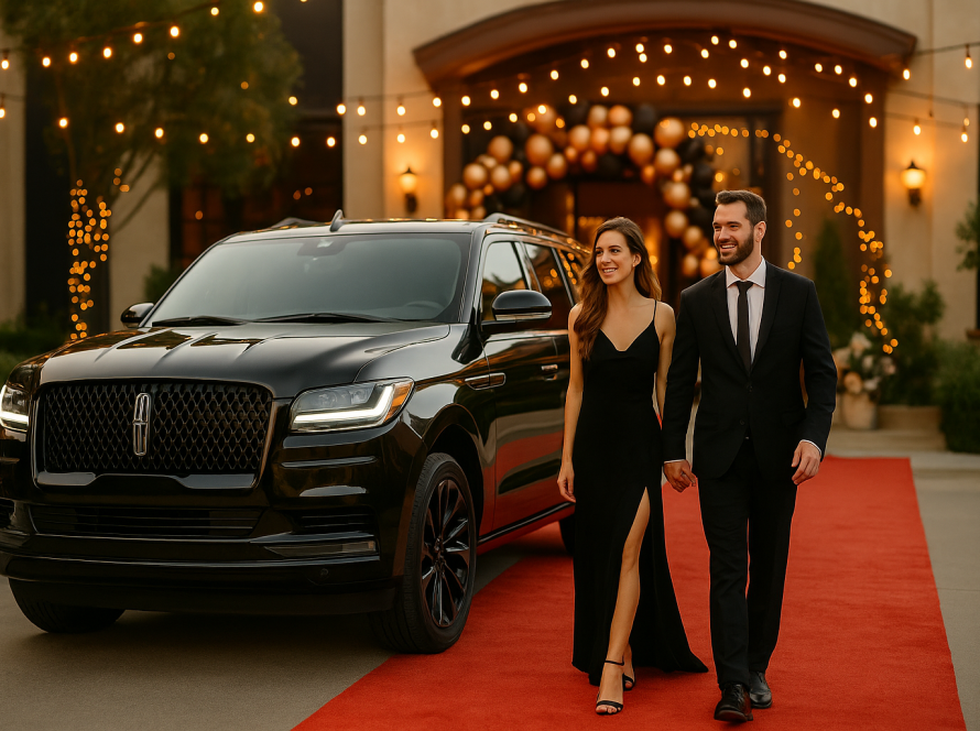 Black Lincoln Navigator parked elegantly at a Chicago rooftop event during golden hour