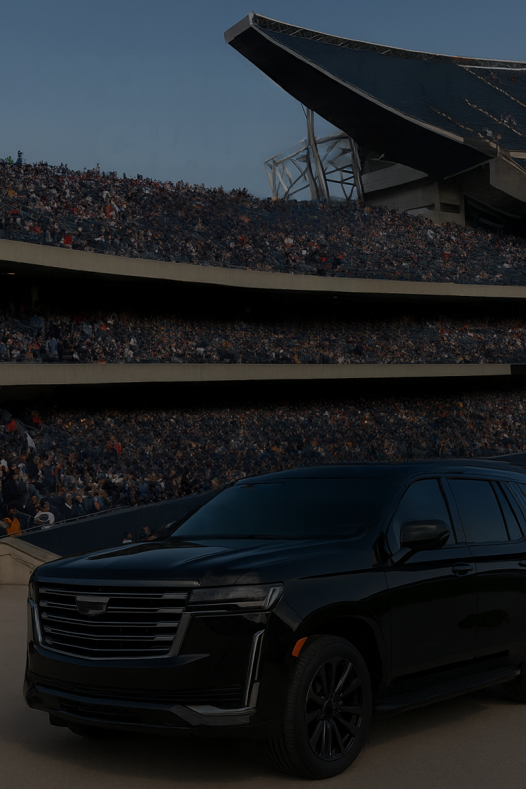 Sporting event chauffeur in Chicago with black SUV parked near stadium entrance