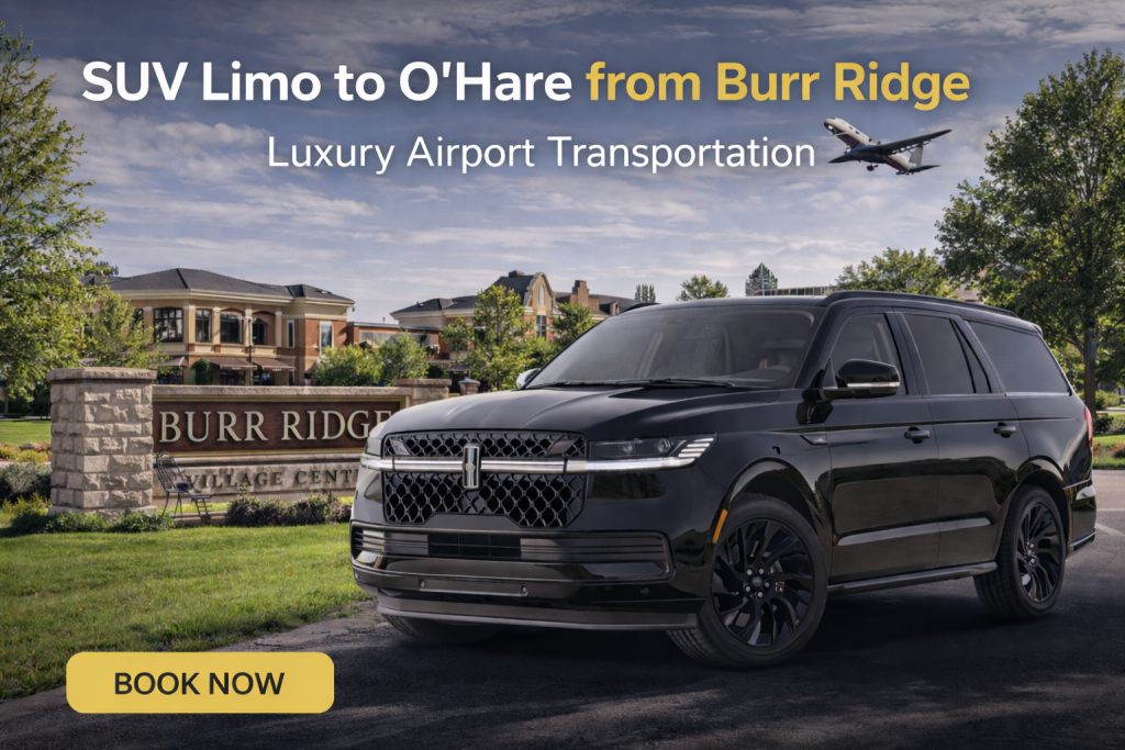 Luxury SUV limo to O’Hare Airport from Burr Ridge with black Lincoln Navigator