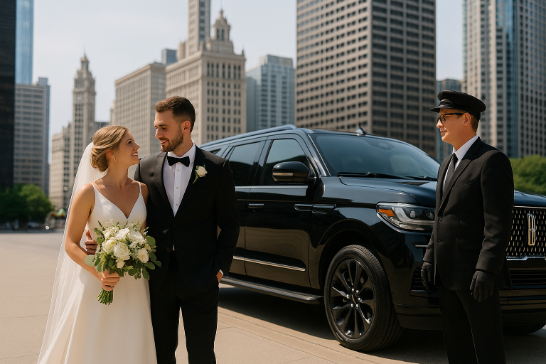 Newlywed couple stands beside a black Lincoln Navigator at a wedding venue in Chicago
