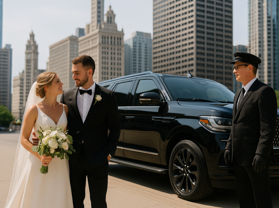 Newlywed couple stands beside a black Lincoln Navigator at a wedding venue in Chicago
