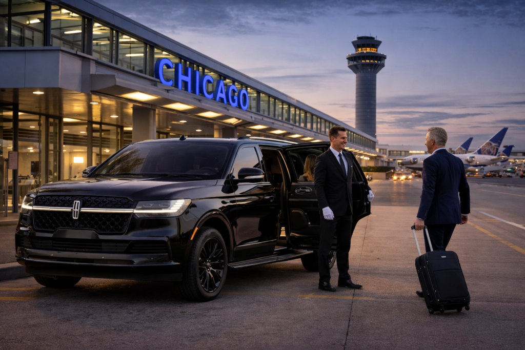 Chicago airport chauffeur service with black Lincoln Navigator and professional driver greeting passenger at O'Hare International Airport