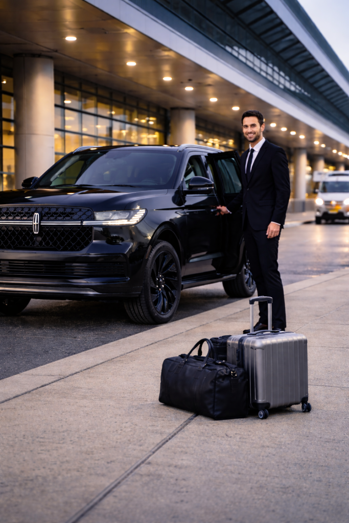 Luxury Lincoln Navigator airport chauffeur service in Chicago with professional driver and luggage pickup