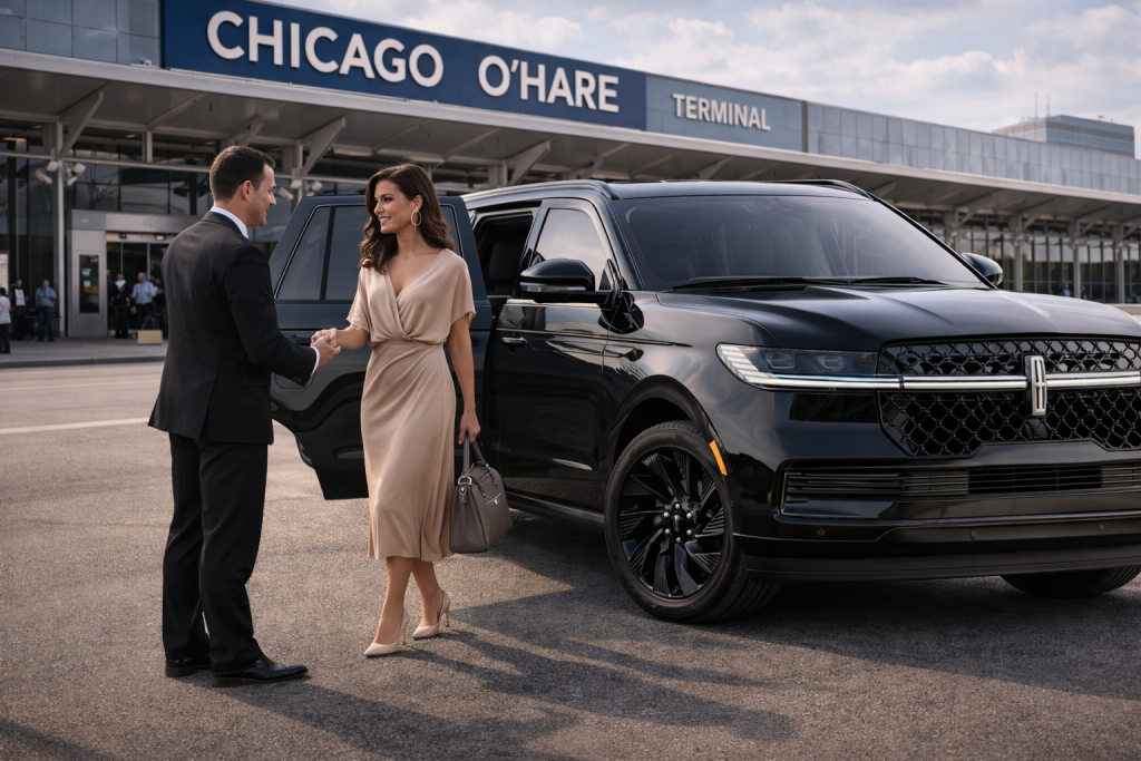 Luxury Chicago airport limo pickup with professional chauffeur assisting passenger next to black SUV at airport terminal