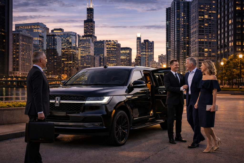 Luxury chauffeur service with black Lincoln Navigator SUV and professional chauffeur assisting clients downtown