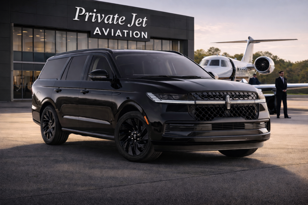Luxury private aviation chauffeur transfer in Chicago with black Lincoln Navigator SUV at private jet terminal