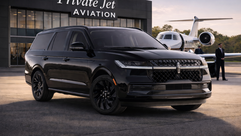 Luxury private aviation chauffeur transfer in Chicago with black Lincoln Navigator SUV at private jet terminal