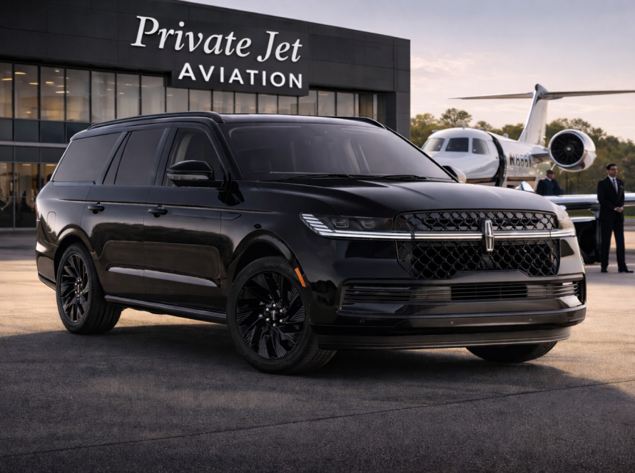 Luxury private aviation chauffeur transfer in Chicago with black Lincoln Navigator SUV at private jet terminal
