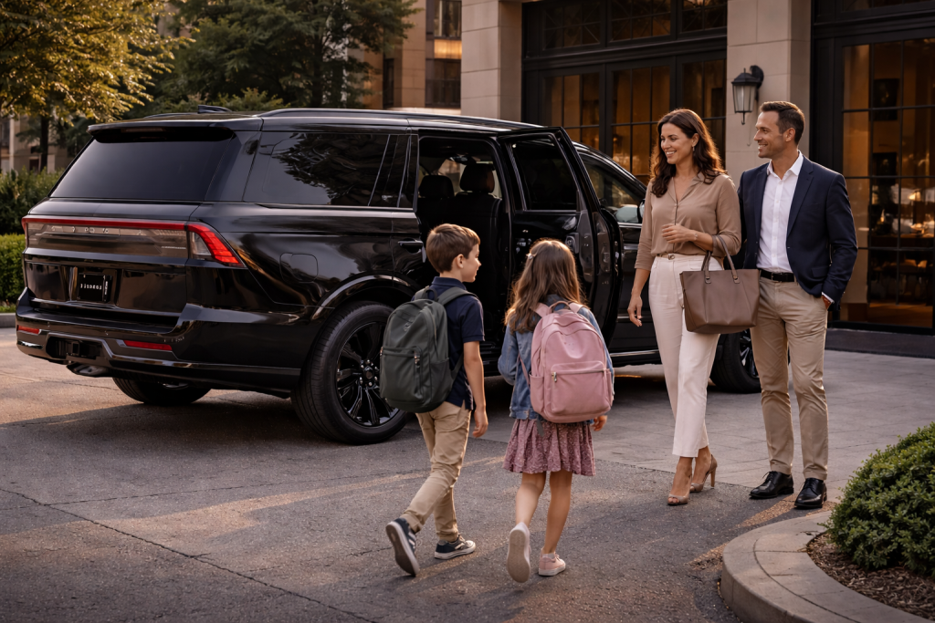 Professional private driver in Chicago assisting a family with luxury Lincoln Navigator chauffeur service