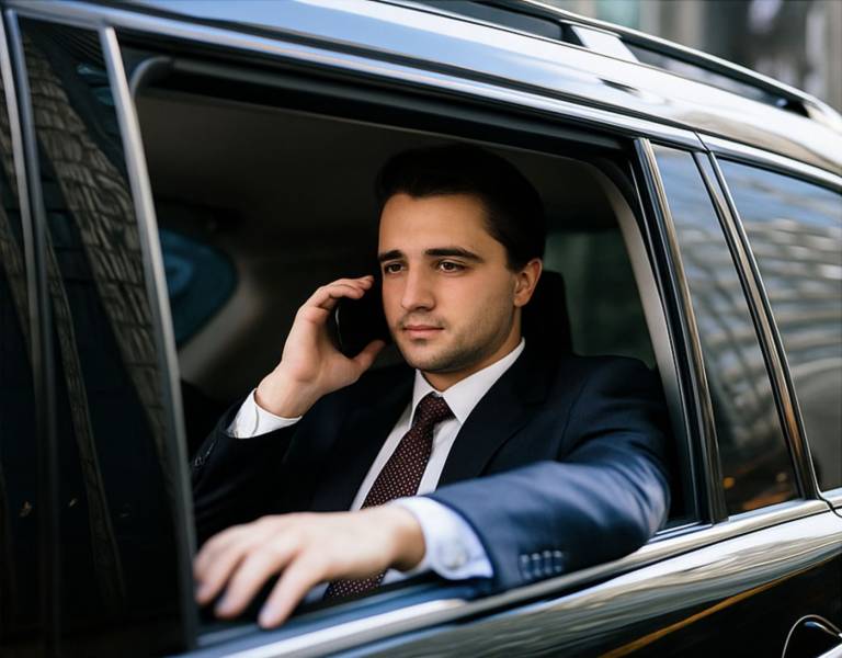 Business executive on phone in black luxury SUV during airport transfer in Chicago