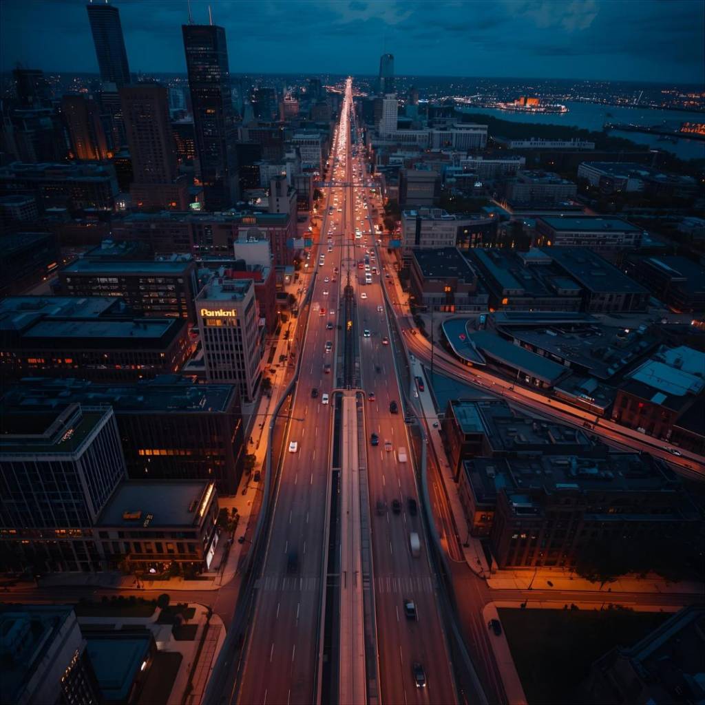 Aerial view of traffic on the Expressway with multiple lanes and cars in motion.