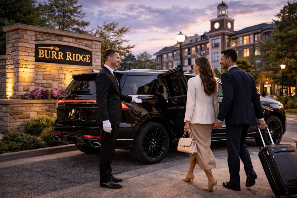 Luxury chauffeur service in Burr Ridge with black SUV and professional driver near Burr Ridge Village Center