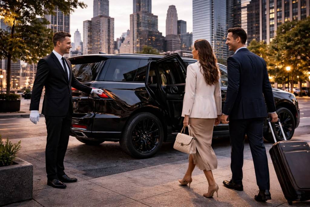 Professional chauffeur service in Chicago with luxury black SUV welcoming clients in downtown Chicago