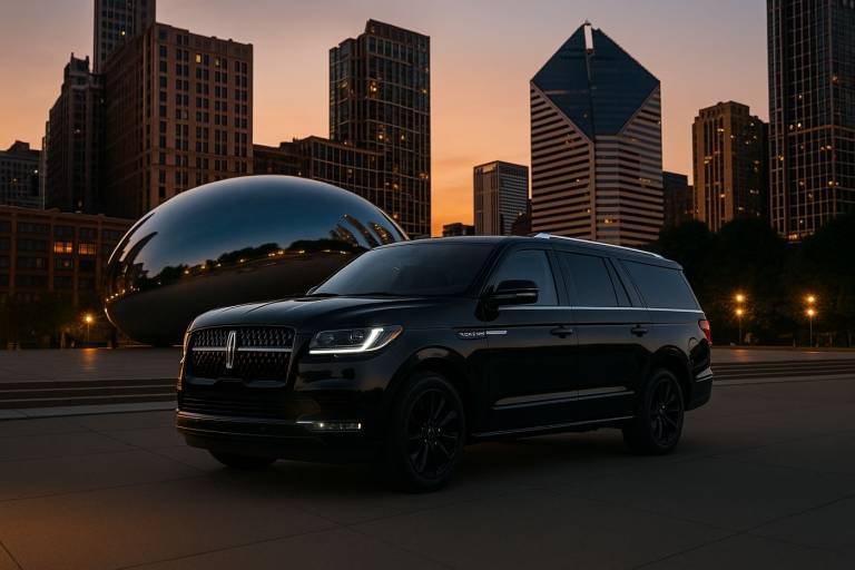 Black Lincoln Navigator SUV parked in front of Chicago’s skyline during daytime for sightseeing tour