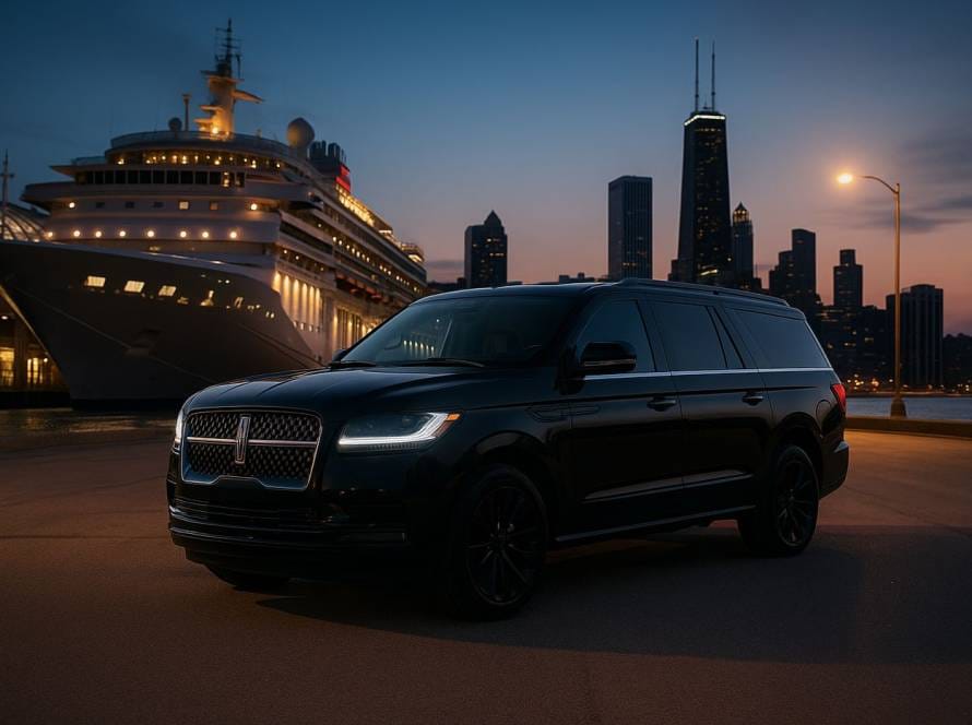 Black Lincoln Navigator SUV waiting at Chicago cruise terminal during sunset, ready for luxury transfer service