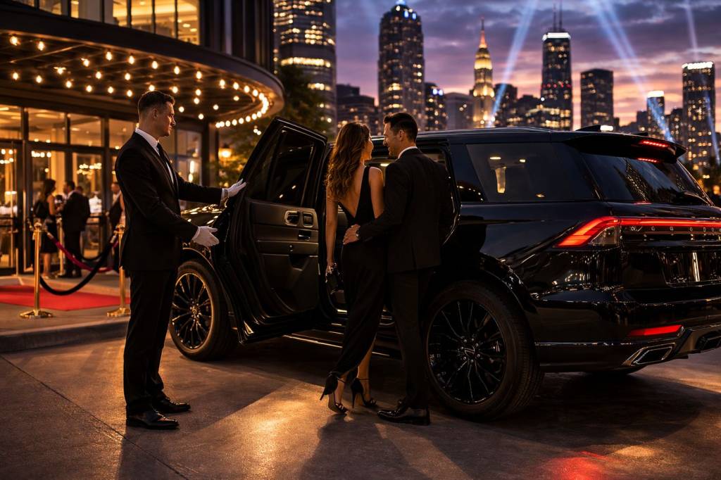 Luxury event transportation in Chicago with professional chauffeur and black SUV arriving at evening event venue
