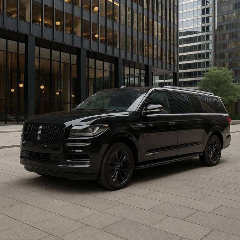Black Lincoln Navigator parked in front of a corporate office in Chicago for executive chauffeur service.