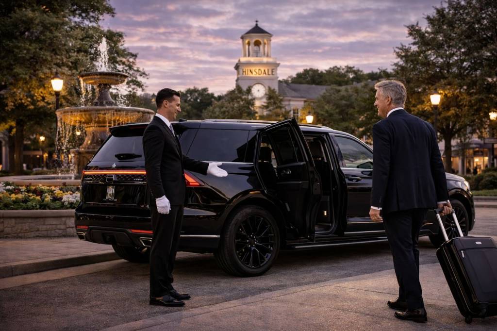 Luxury chauffeur service in Hinsdale with black Lincoln Navigator SUV and professional driver greeting executive client