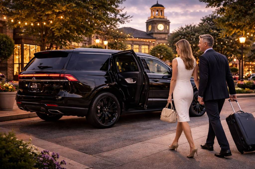 Luxury chauffeur service in La Grange with black Lincoln Navigator and professional driver welcoming clients near La Grange village center