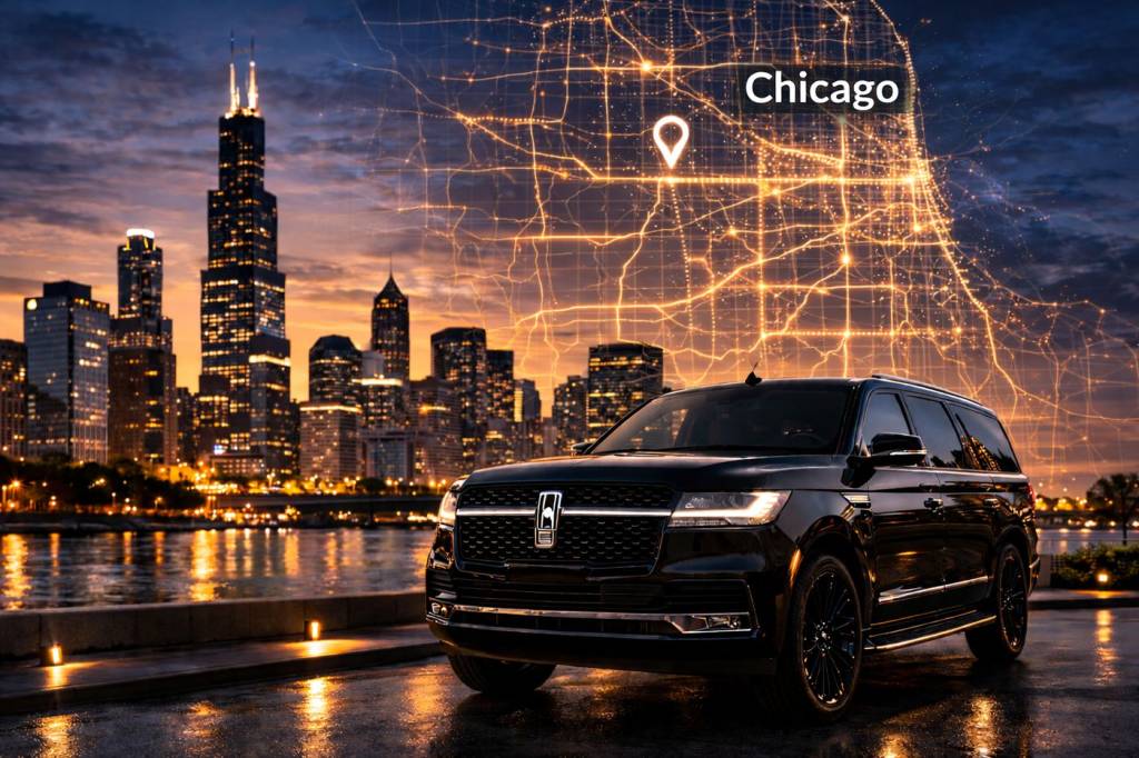 Luxury chauffeur service SUV with digital service area map representing professional transportation coverage