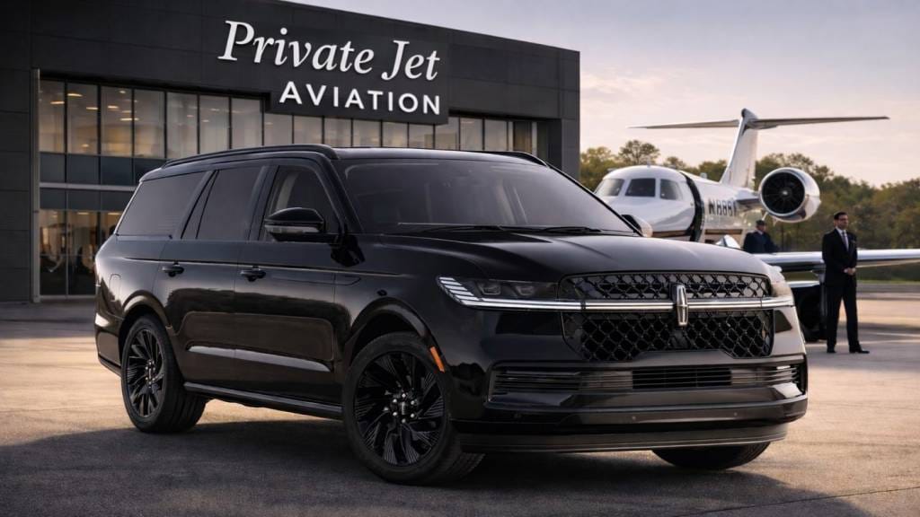 Luxury private aviation chauffeur transfer in Chicago with black Lincoln Navigator SUV at private jet terminal
