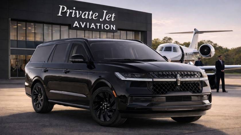 Luxury private aviation chauffeur transfer in Chicago with black Lincoln Navigator SUV at private jet terminal