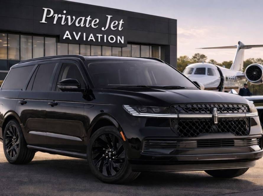 Luxury private aviation chauffeur transfer in Chicago with black Lincoln Navigator SUV at private jet terminal