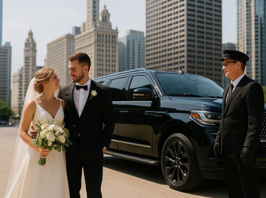 Newlywed couple stands beside a black Lincoln Navigator at a wedding venue in Chicago