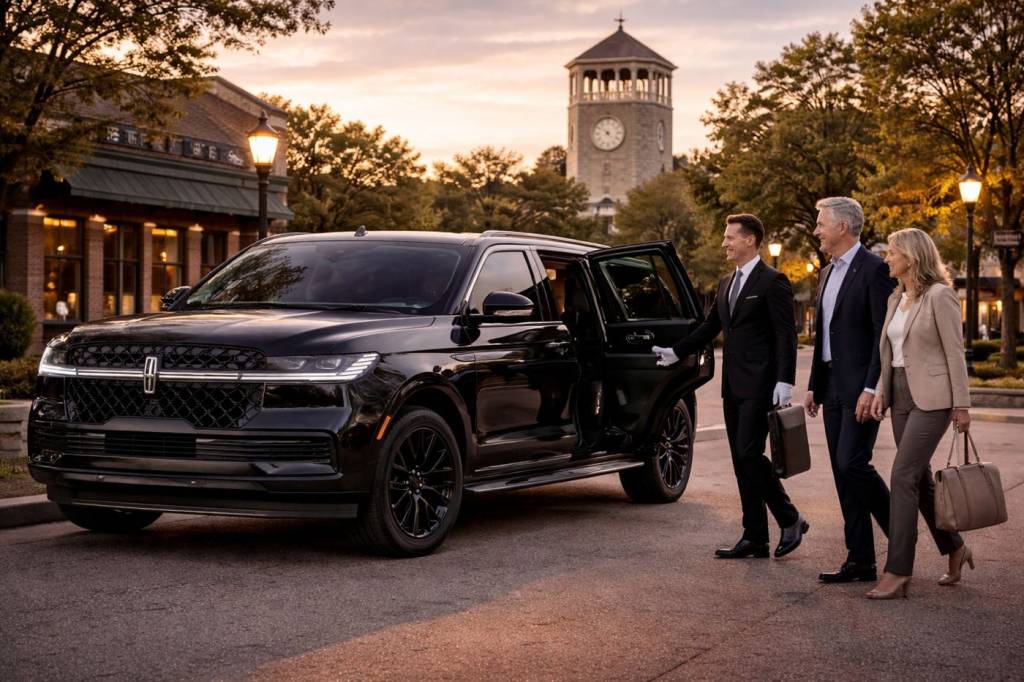 Luxury chauffeur service in Western Springs Illinois with black Lincoln Navigator SUV and professional driver welcoming clients
